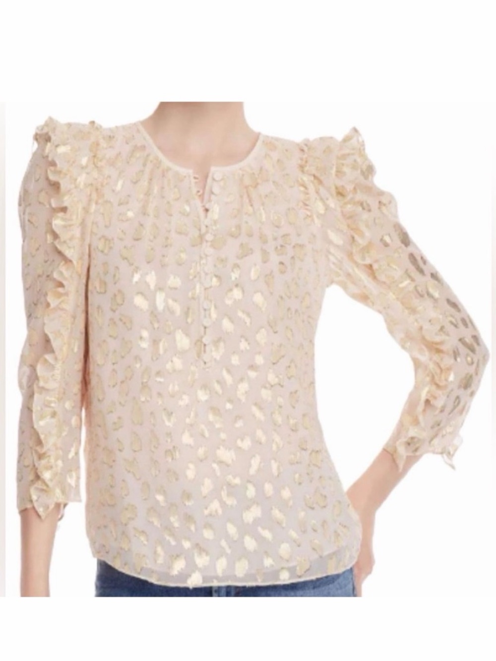 Rebecca Taylor Metallic Gold Leopard Silk Blend Ruffle Blouse Top size 8